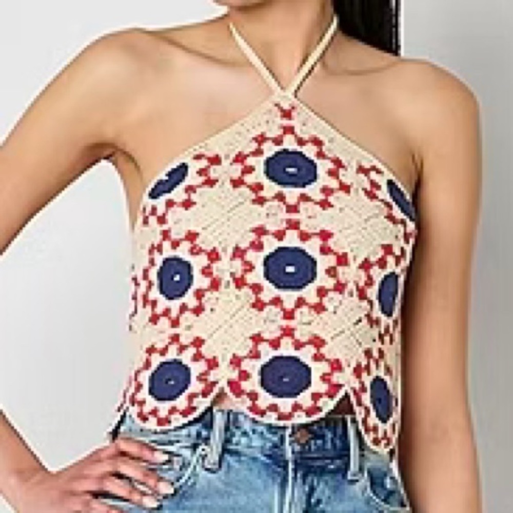 Arizona Jean Co Crochet knit Halter Patriotic Granny Square Boho Festival Indie